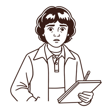 Black and white line art illustration of a Will Byers from stranger things hair holding a clipboard and pencil, featuring a concerned facial expression.