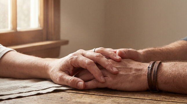 A tender embrace of two hands resting on a textured wooden table, bathed in natural light from a nearby window