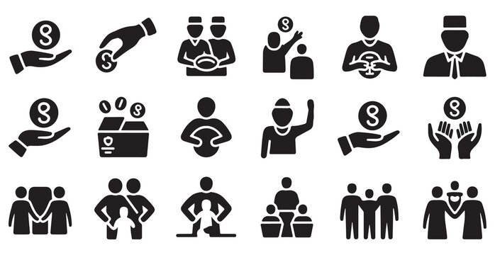 Islamic zakat and charity icon collection featuring alms giving hands and muslim figures for religious aid