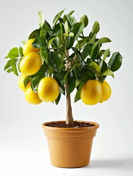 Small lemon tree growing in terracotta pot with ripe yellow lemons