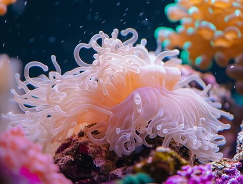 Elegant white sebae anemone spreading its tentacles in aquarium