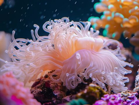 Elegant white sebae anemone spreading its tentacles in aquarium