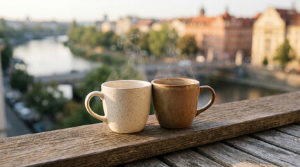 Obraz premium Steaming mugs bring morning warmth and quiet contemplation on a rustic balcony above a European river city