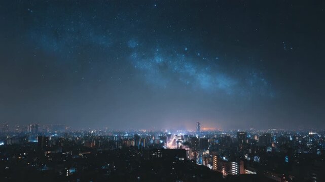 Panoramic Night View of a Japanese City Skyline under a Spectacular Glowing Milky Way Galaxy Starry Sky