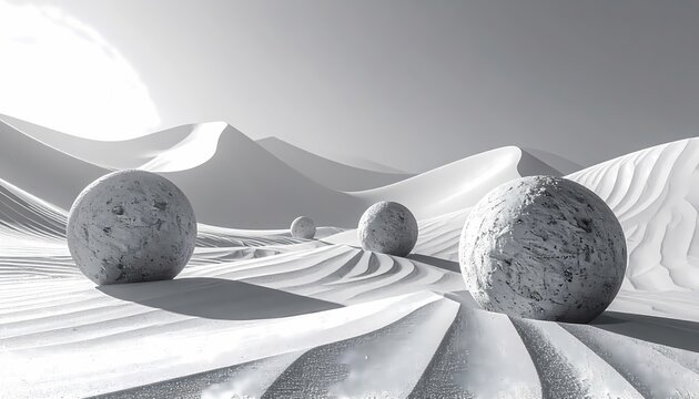 Monochromatic Abstract Landscape: Surreal White Dunes and Large Textured Spheres in a Desolate 3D Rendered Environment.