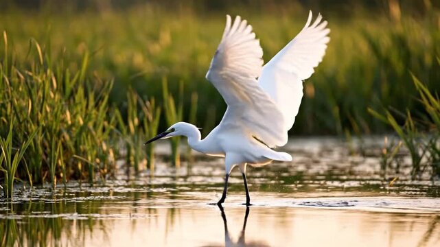 White Egret Bird Dancing in Wetland.