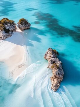 White sand trails creating a stunning visual in the turquoise waters of the bahamas