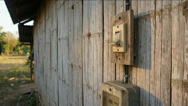 Old wooden wall with vintage light switch and electric meter showing local home technology rural outdoor setting with natural light and rustic charm