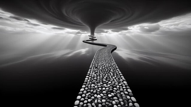 Winding Stone Path Leading to a Dark Vortex Tornado Black and White