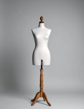 A pristine white tailor's form stands centered, its wooden base casting a soft shadow against a neutral gray backdrop, suggesting craftsmanship