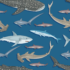 Vector Seamless Pattern of Cartoon Sharks