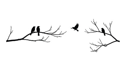 Three birds perched on branches with one bird in flight between them Vector