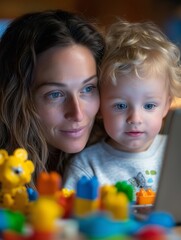 Fototapeta premium Mutter und Kleinkind kuscheln innig in warmem Abendlicht mit buntem Spielzeug 
