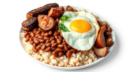 Fototapeta premium A plate of traditional Latin American breakfast with beans, rice, egg, and sausage