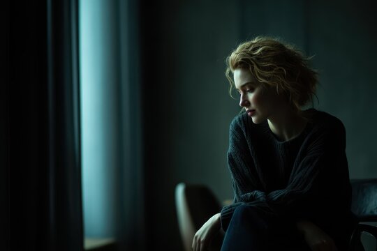 Moody portrait of a woman expressing a bad mood in a dim interior