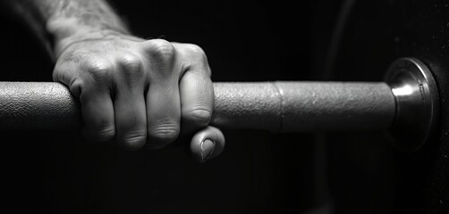 Hand grips barbell firmly. Athlete trains with weight lifting equipment for strength building. Muscular bodybuilder lifts heavy weights in gym. Focus on power and control.