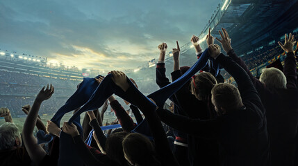 Creative artwork. Football fans raising scarves and cheering inside packed stadium. Concept of intense excitement, team loyalty, live match atmosphere, sports marketing visuals, and fan culture ads. © Lustre Art Group 