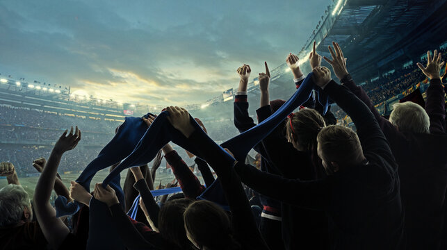 Creative artwork. Football fans raising scarves and cheering inside packed stadium. Concept of intense excitement, team loyalty, live match atmosphere, sports marketing visuals, and fan culture ads.