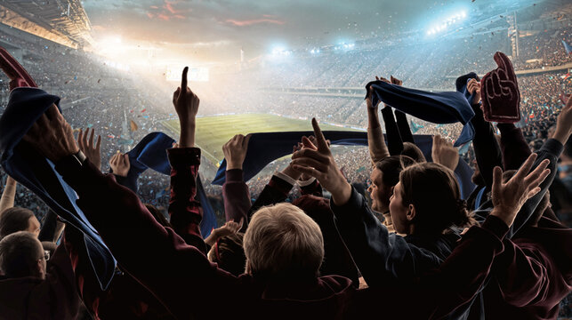 Digital composition. Crowd of soccer supporters celebrating goal during night match. Concept of emotional victory moment, stadium energy, live sports broadcasting, and fan engagement campaigns.