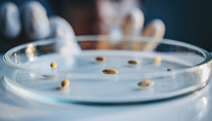 Obraz premium Focused scientist examining seeds in petri dish. This scientific research represents agricultural innovation for future food security and biological study in laboratory