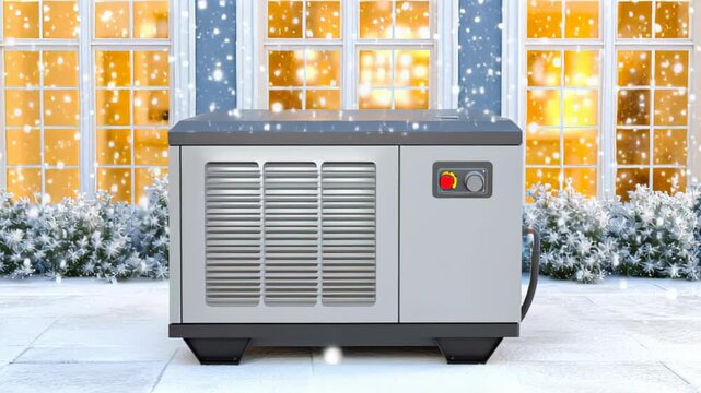 Snow-covered outdoor generator with visible control panel and snowflakes falling, positioned on a white surface near a cozy home with warm glowing windows