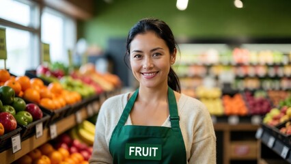 Obraz premium Asian female smiling in grocery store produce aisle with green apron