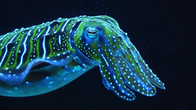 Cuttlefish Swimming in Dark Water Closeup.