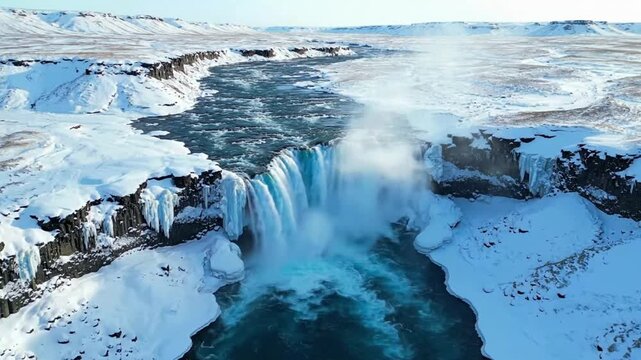 Water cascades over a snowy cliff in Iceland during winter with ice formations around the falls