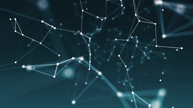 Network connections depicted with glowing nodes and lines on a dark blue gradient background with a shallow depth of field.