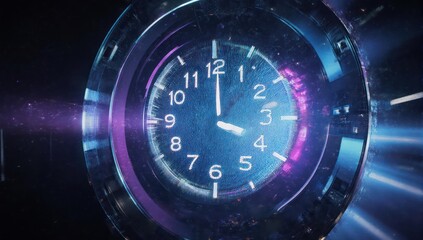 Fototapeta premium Futuristic digital clock, glowing, with cosmic background