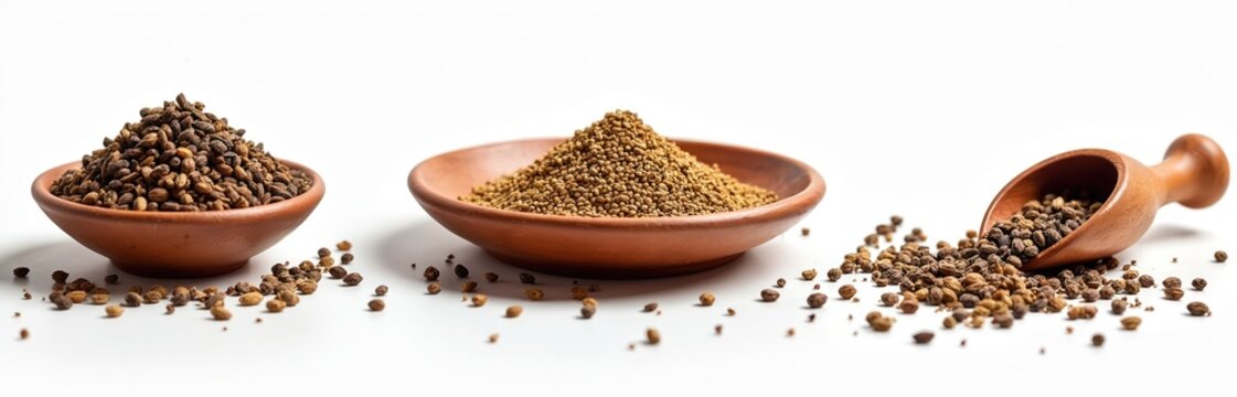 Brown cumin seeds jara piled in clay bowls and wooden scoop against white background. Culinary ingredient for seasoning meals, natural flavoring, healthy food.