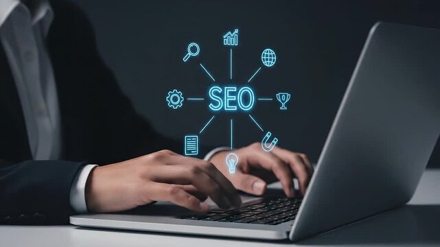 Expert optimizing laptop content for search engine marketing with SEO tools displayed around the screen. SEO Search engine optimization marketing ranking.