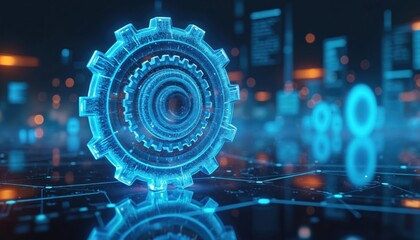 Obraz premium Digital gear icon floats on futuristic circuit board network. Abstract concept for automation technology progress efficiency and digital transformation future.