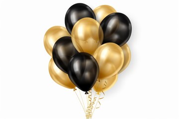 Bunch of festive metallic shiny gold and black balloons with ribbons for celebration