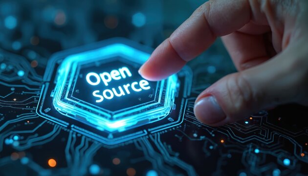 Finger touches glowing blue hexagonal button with Open Source text. Digital interface displays circuit board pattern. Futuristic tech concept.