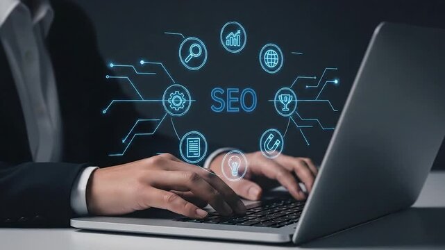 Expert using laptop for search engine optimization and marketing strategies with SEO icons displayed. SEO Search engine optimization marketing ranking.
