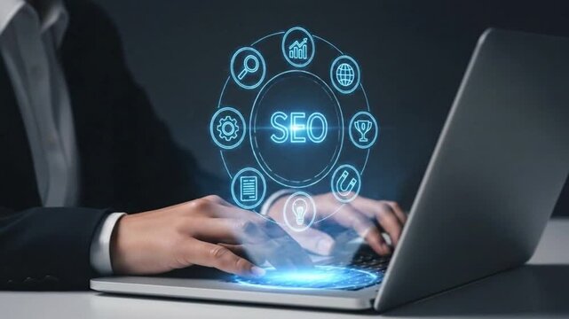 Business professional optimizing search engine marketing on laptop with SEO strategy icons surrounding the screen for effective online optimization. SEO Search engine optimization marketing ranking.
