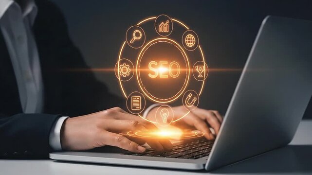 Business professional optimizing laptop for search engine marketing and seo on a dark background. SEO Search engine optimization marketing ranking.
