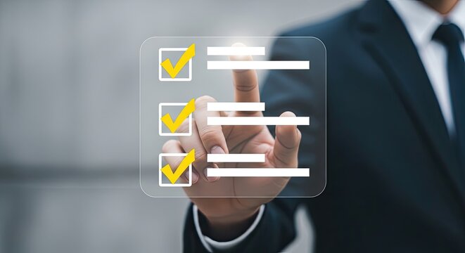 Businessman interacting with a digital checklist on a transparent screen