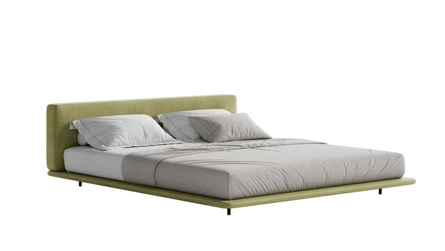 Contemporary double bed with comforter and pillows on an isolated background. 