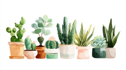 Obraz premium Pastel watercolor illustration of potted succulents and cacti