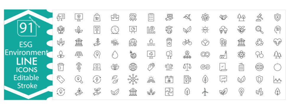 ESG environment icons set, sustainability, green energy, eco friendly, environmental protection, corporate social responsibility, climate action, renewable resources, conservation, editable stroke 