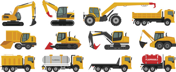 Heavy construction vehicles vector set featuring excavators dump trucks tankers loaders and cranes for industrial engineering building projects illustration © Vector's World