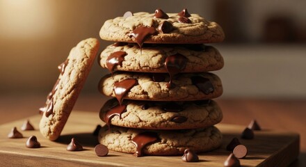 Stack of fresh homemade chocolate chip cookies with melty chocolate and crunchy edges on wooden board warm golden lighting perfect for Chocolate Chip Cookie Week