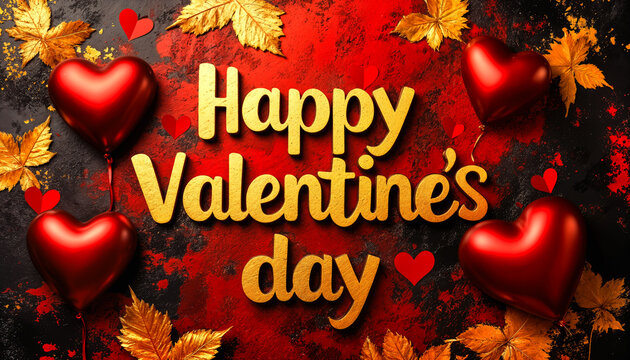 Valentinstag Gru&szlig;karte mit goldener 3D-Schrift, roten Herzballons und goldenen Bl&auml;ttern auf rot-schwarzem Hintergrund