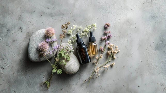 Natural wellness flat lay with essential oils, stones and herbs