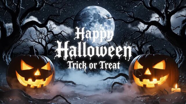 Spooky halloween scene with jack o lanterns and bare trees at night outside