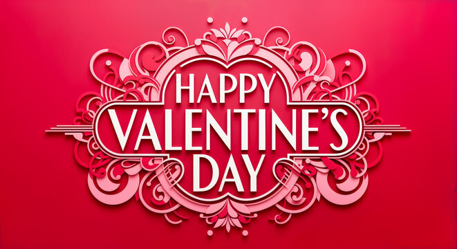 Valentinstag Gru&szlig;karte in Pink mit elegantem Happy-Valentine's-Day-Schriftzug und floralen Ornamenten