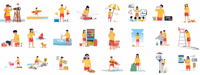 Obraz premium Lifeguard duties vector illustration set showing beach safety, rescue procedures, first aid, surveillance, and equipment maintenance by professional staff.