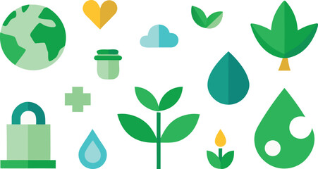 A collection of flat design icons representing environmental conservation and sustainability concepts Vector, illustration